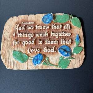 Vintage 1942 H.A. Larsen Romans 8:28 Chalkware Religious Wall Plaque Morning Glo